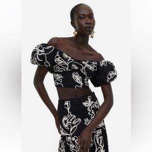 H&M black and white embroidered off the shoulder top and maxi skirt
